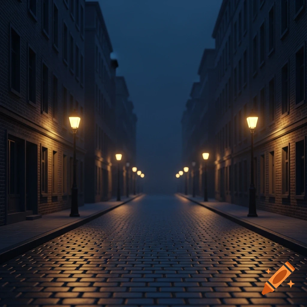Empty cobblestone street at night, lined with dark buildings and illuminated by warm glowing streetlights, creating a mysterious, cinematic atmosphere.
