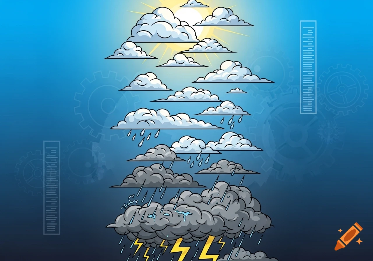 A vertical illustration showing weather progression from sunny skies at the top to a stormy, lightning-filled cloud at the bottom, with blue industrial-style gears and barometer-like scales in the background.
