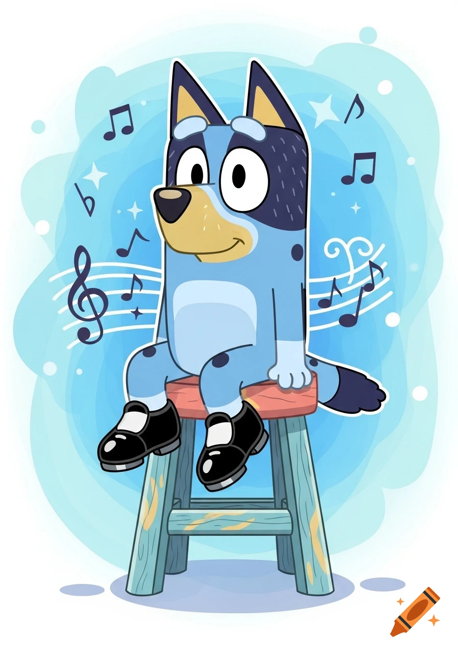 2D illustration of Bluey Heeler, a blue cartoon dog, sitting on a wooden stool wearing black tap shoes, surrounded by musical notes.