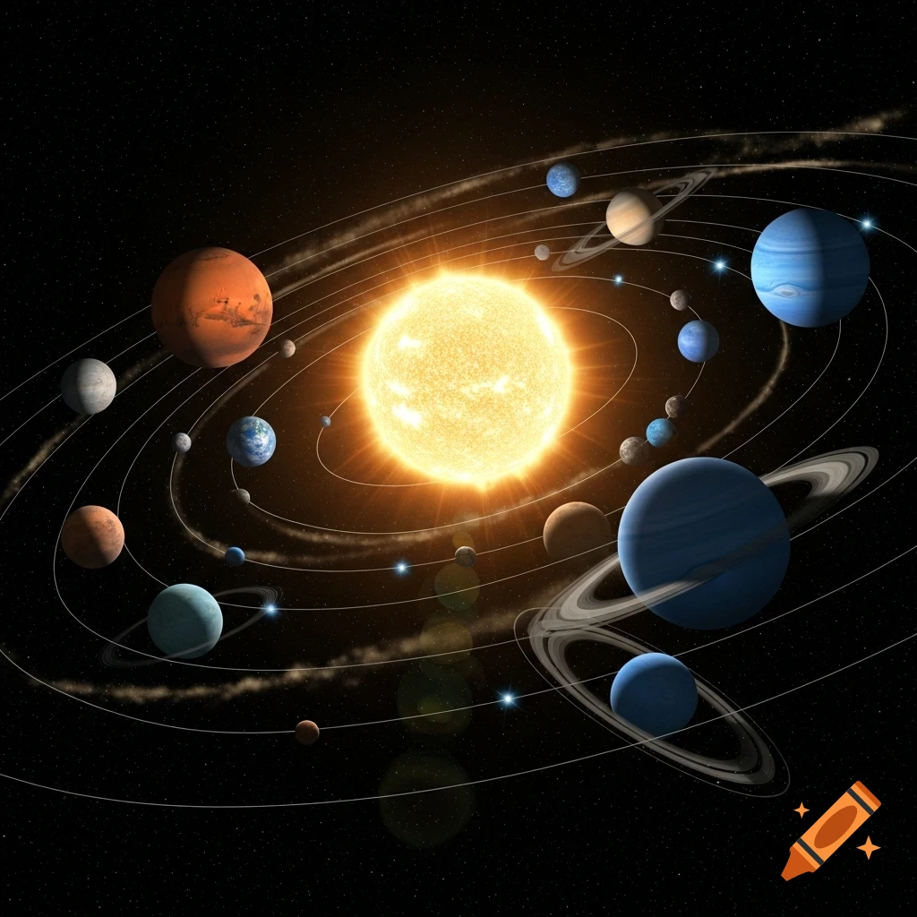 A vibrant illustration of a solar system with a glowing yellow sun at its center, surrounded by numerous planets and moons orbiting in space.