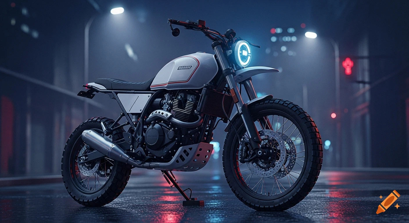 A photorealistic white and grey scrambler motorcycle with a glowing round headlight and off-road tires parked on a wet urban street at night with neon lights.