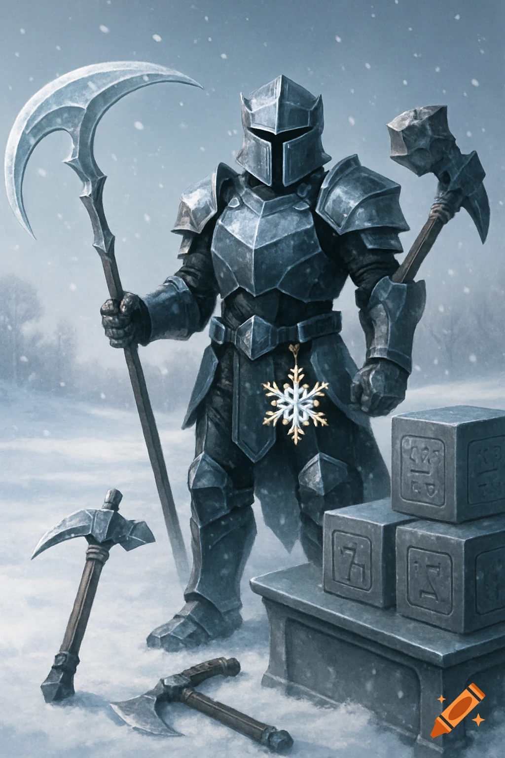 A knight in dark, stylized armor holds a large scythe and hammer in a snowy landscape. A golden snowflake hangs from its belt.