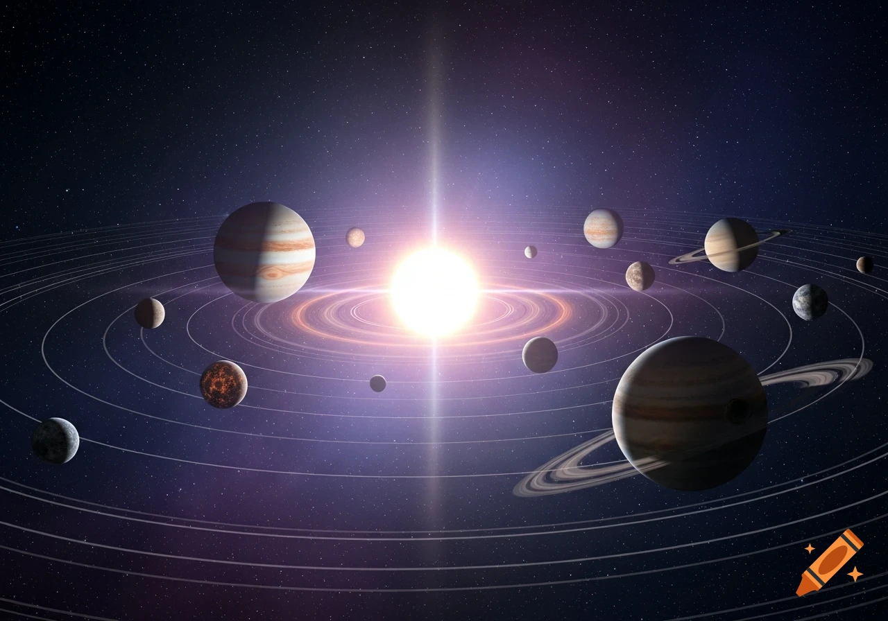 A vibrant star system with a bright sun at its center, surrounded by numerous planets and their orbital rings against a starry dark blue and purple nebula background.