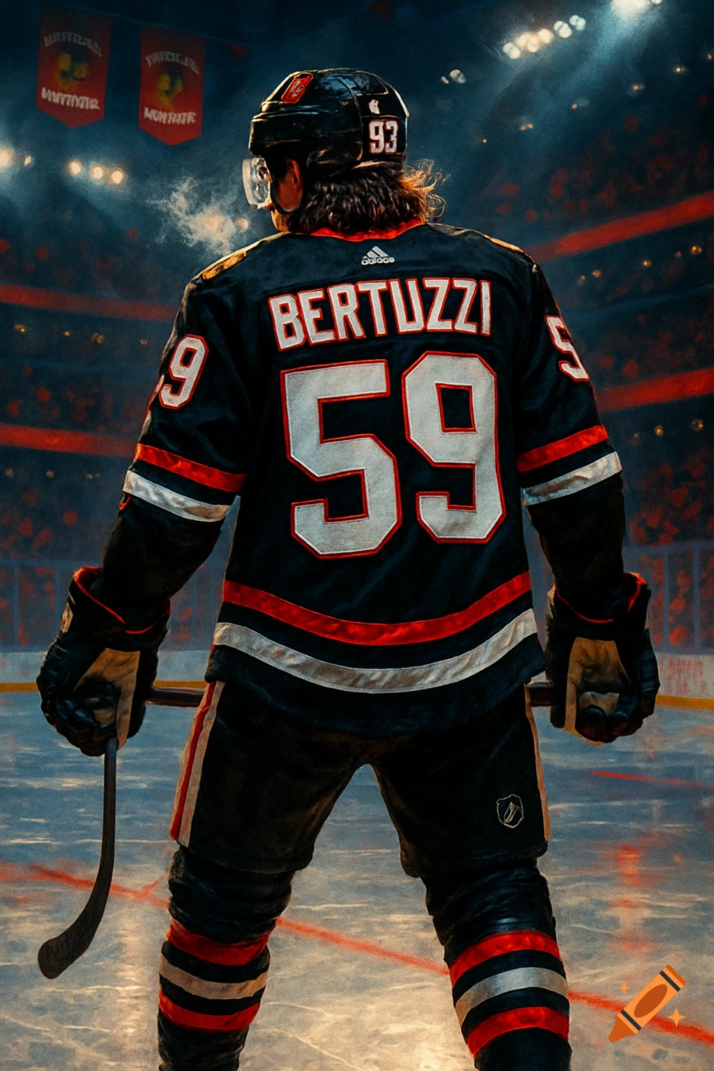 A hockey player wearing a black jersey with 'BERTUZZI' and '59' on the back, holding a stick on an ice rink.
