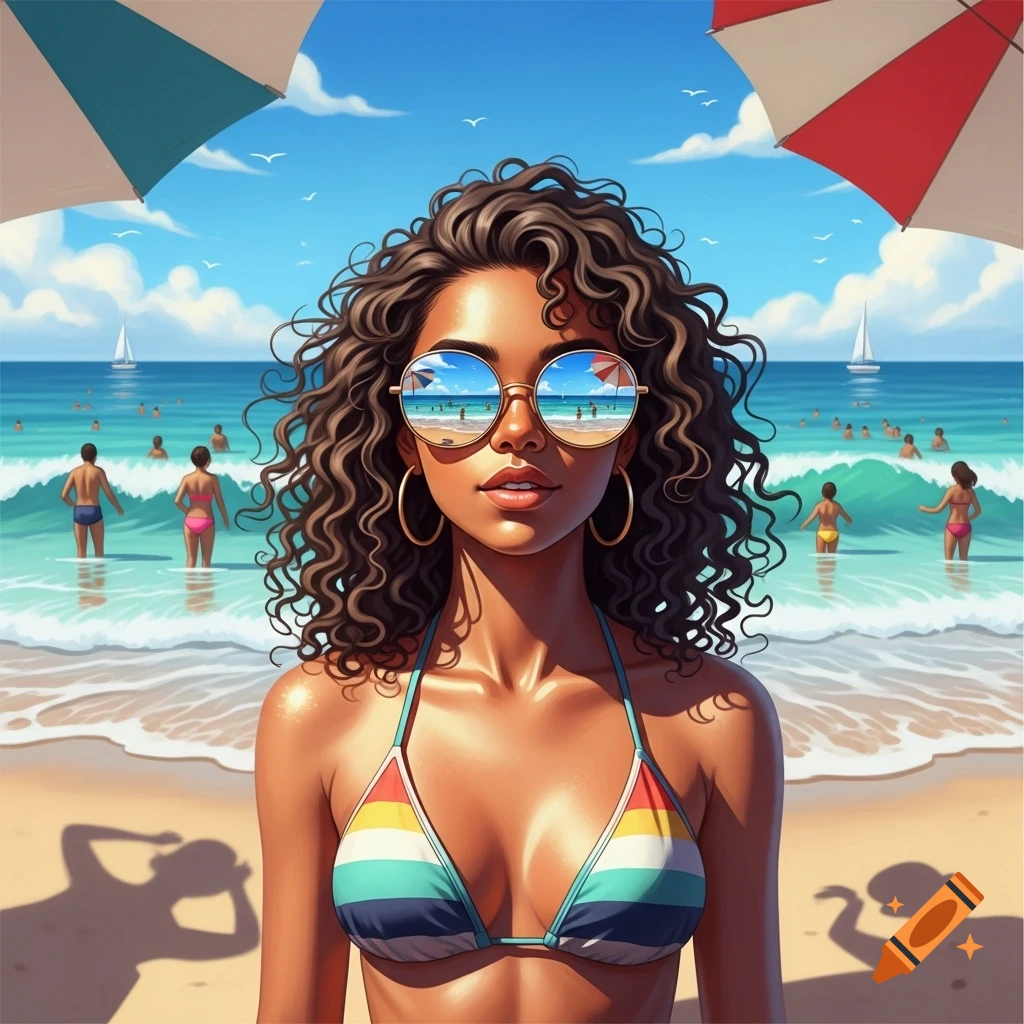 A digitally illustrated mixed-race woman with curly hair and sunglasses, wearing a striped bikini top, standing on a sunny beach.
