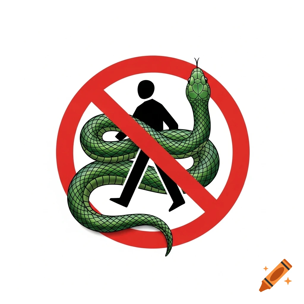 Red circular prohibition sign with a diagonal line over a coiled green snake.