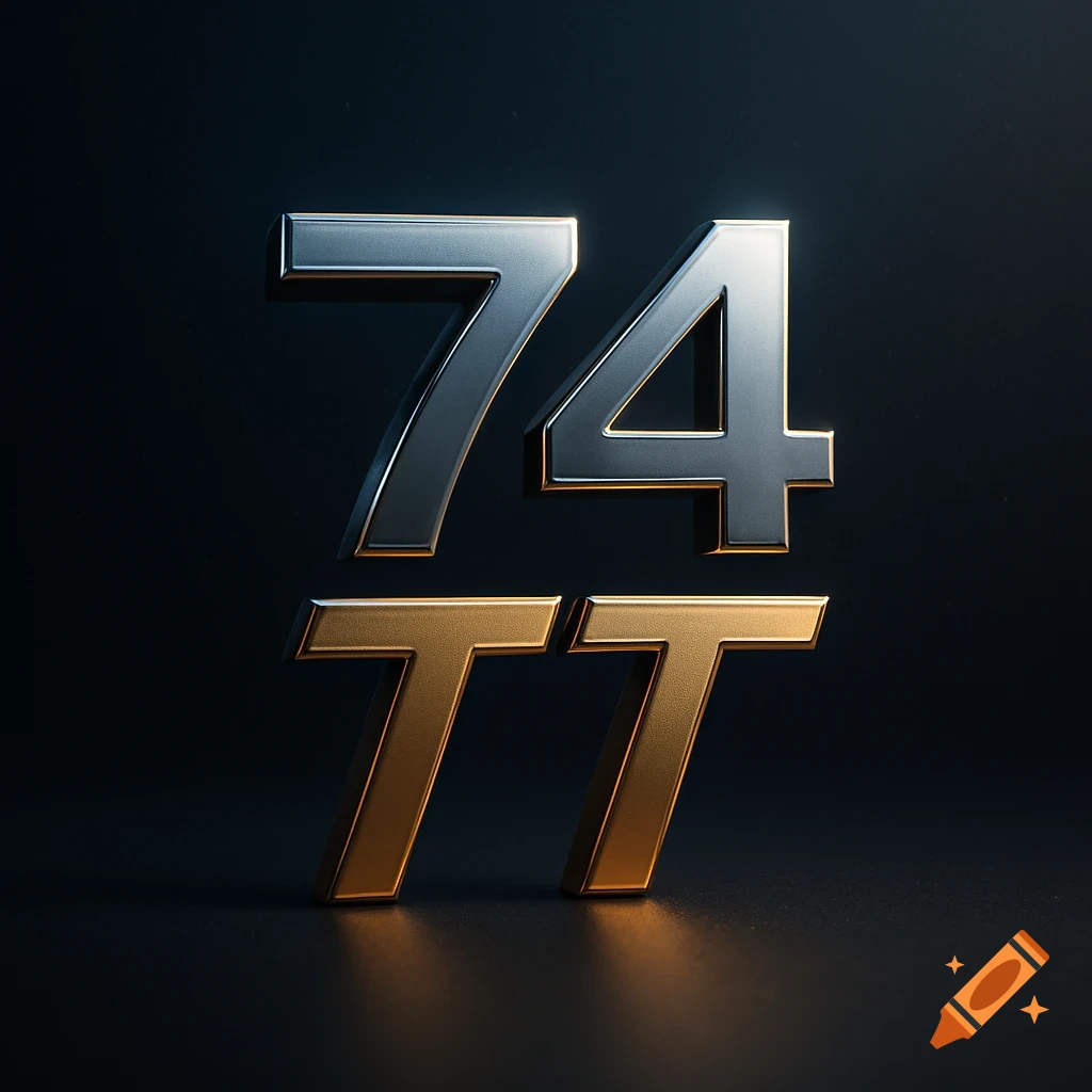 Silver 3D metallic numbers '74' over golden 3D metallic letters 'TT' on a dark background.