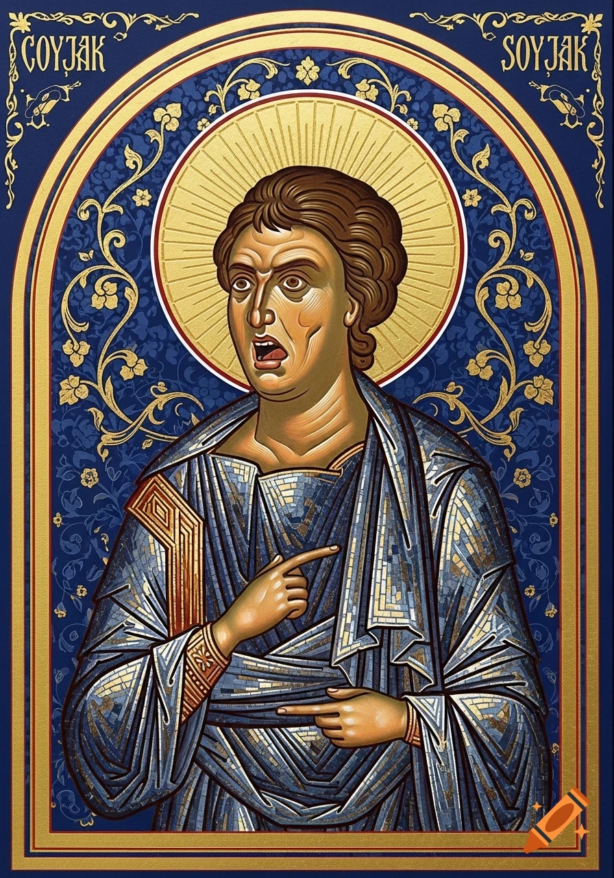A Byzantine icon style painting of a pointing Soyjak meme. The figure has a halo, a distressed expression, and is dressed in blue and gold robes, with text "COYJAK" and "SOYJAK" at the top.