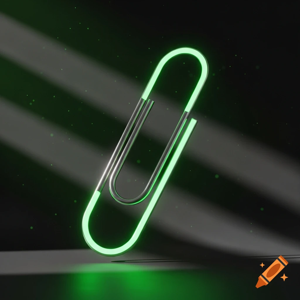 A shiny metallic paperclip with a bright green neon glow, against a dark background with light rays and particles.