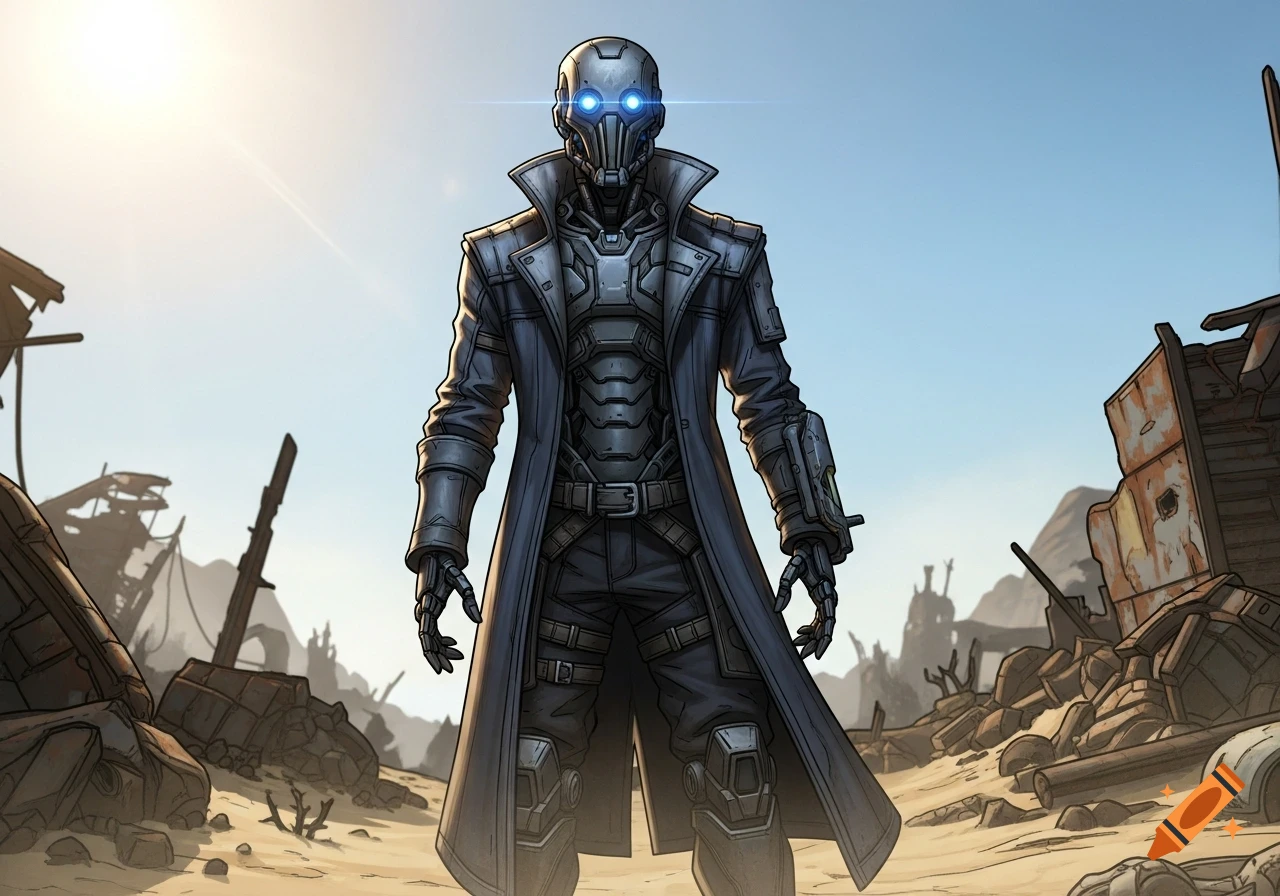 A stylized robot character in a long coat and armor with glowing blue eyes stands in a desolate, sandy wasteland.