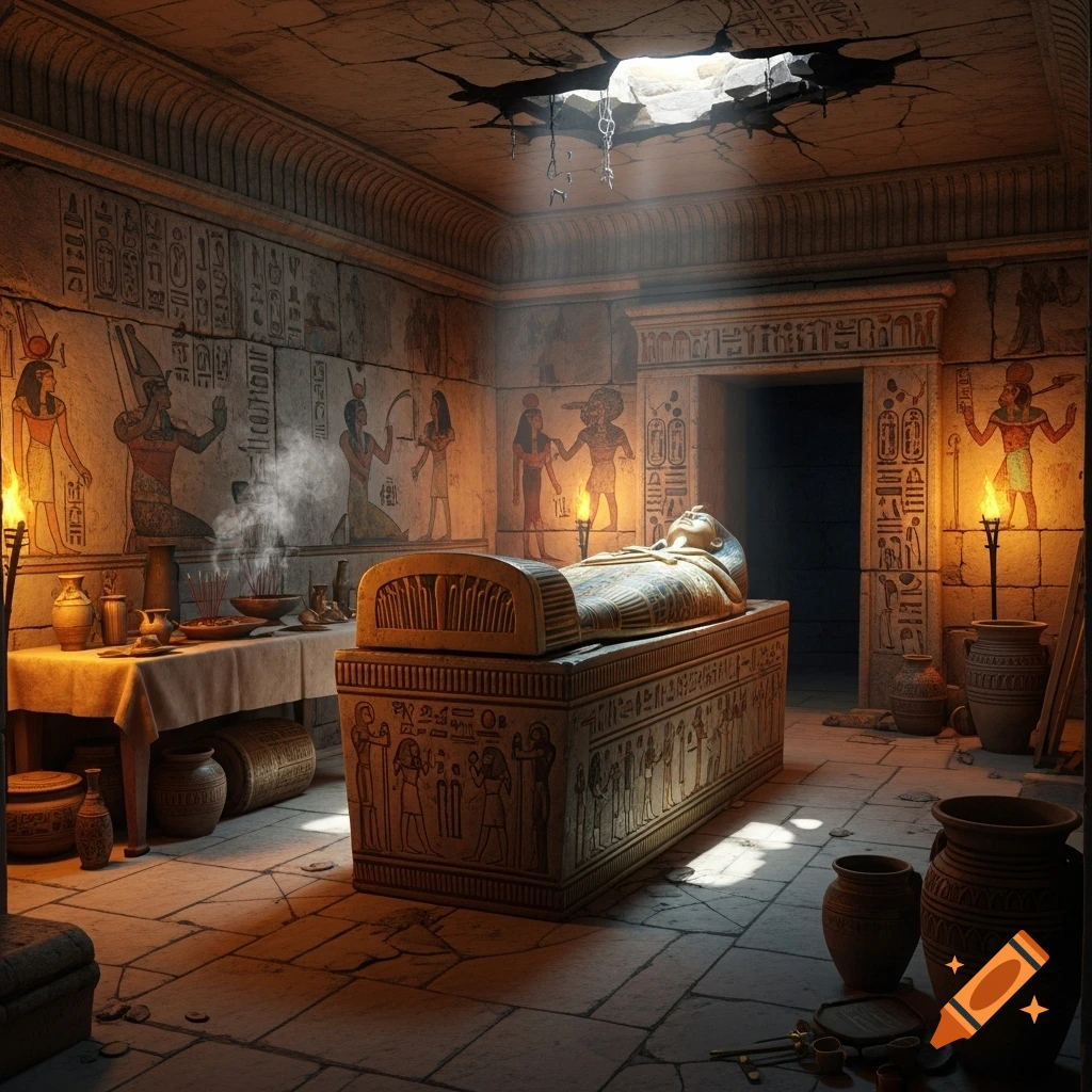 An ancient Egyptian tomb with a sarcophagus, hieroglyph-covered walls, and offerings, lit by light from a cracked ceiling and torches.