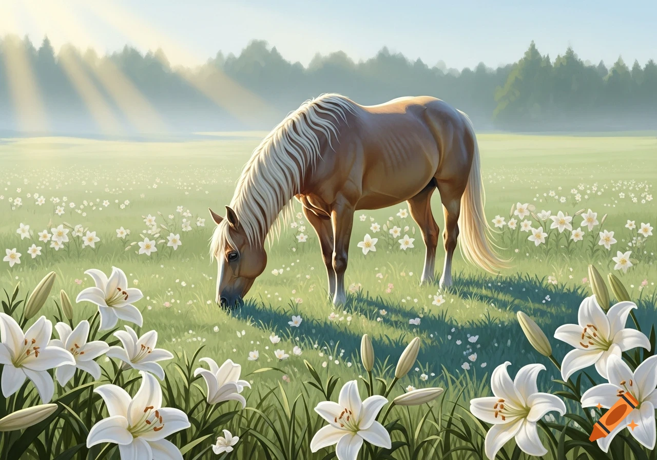 A light brown horse with a white mane grazes in a green field filled with white lily flowers, bathed in soft sunlight.
