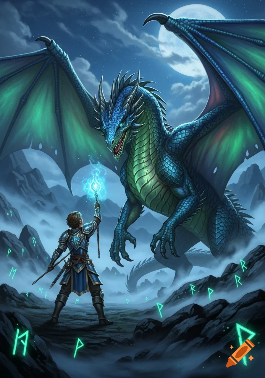 A knight in blue armor faces a large blue-green dragon under a full moon in a misty mountain landscape with glowing runes on the ground.