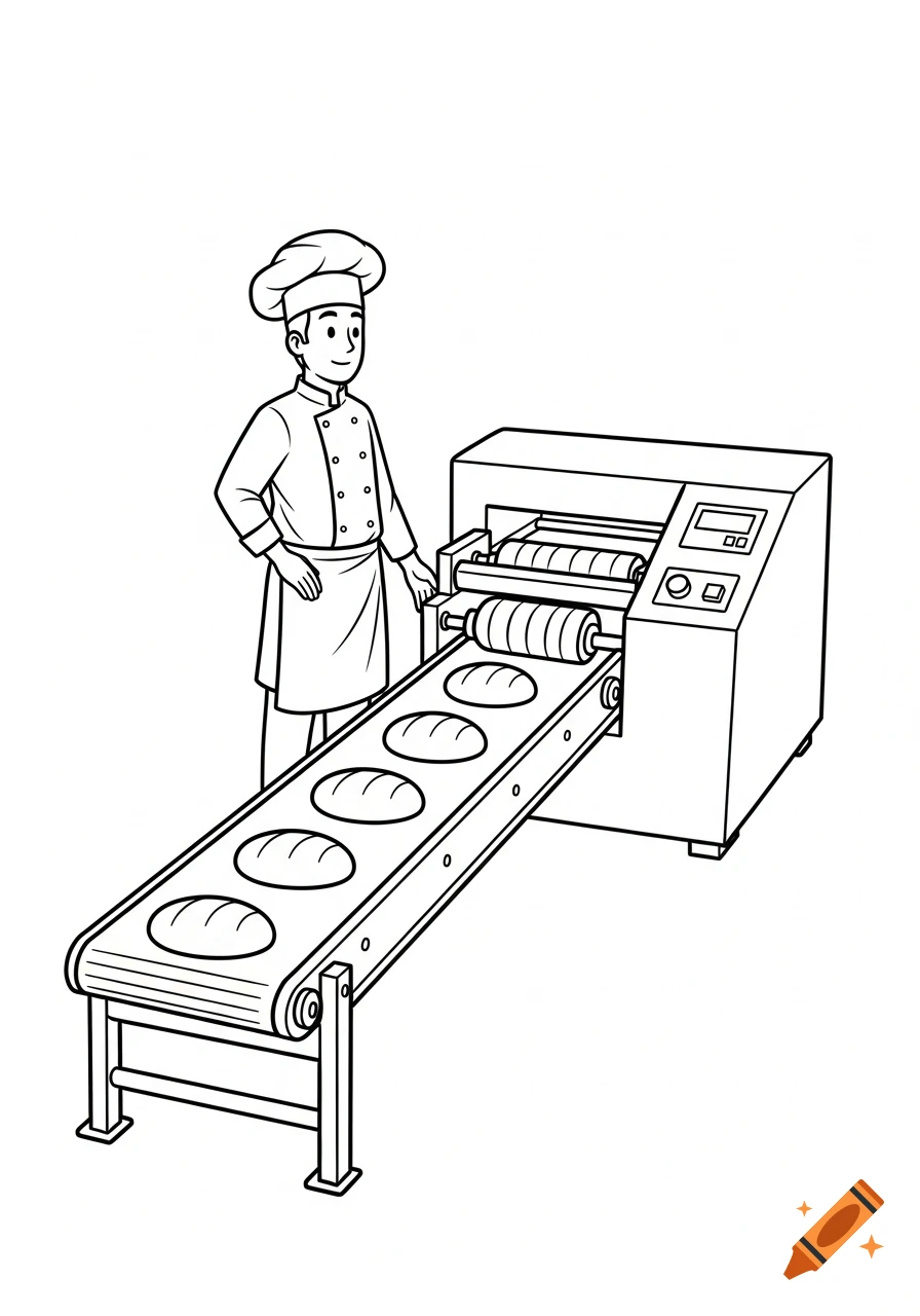 A line art illustration of a chef standing next to an industrial bread-making machine with a conveyor belt carrying bread loaves.