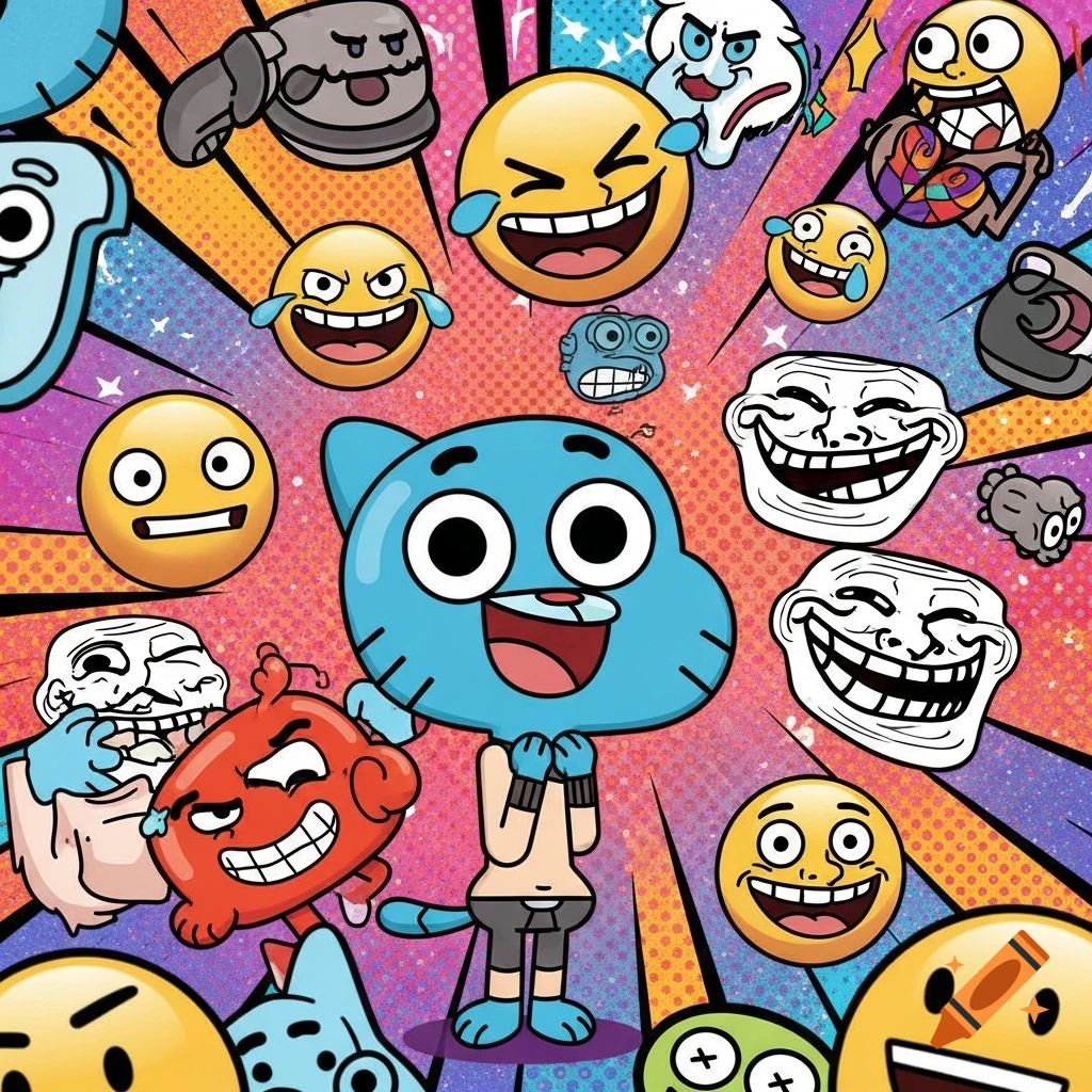 Gumball Watterson cartoon character surrounded by crying-laughing emojis, troll faces, and other memes on a colorful pop-art background.