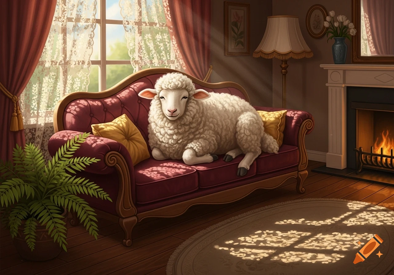 A white fluffy sheep sits calmly on a red velvet sofa in a sunlit, cozy living room with a fireplace.
