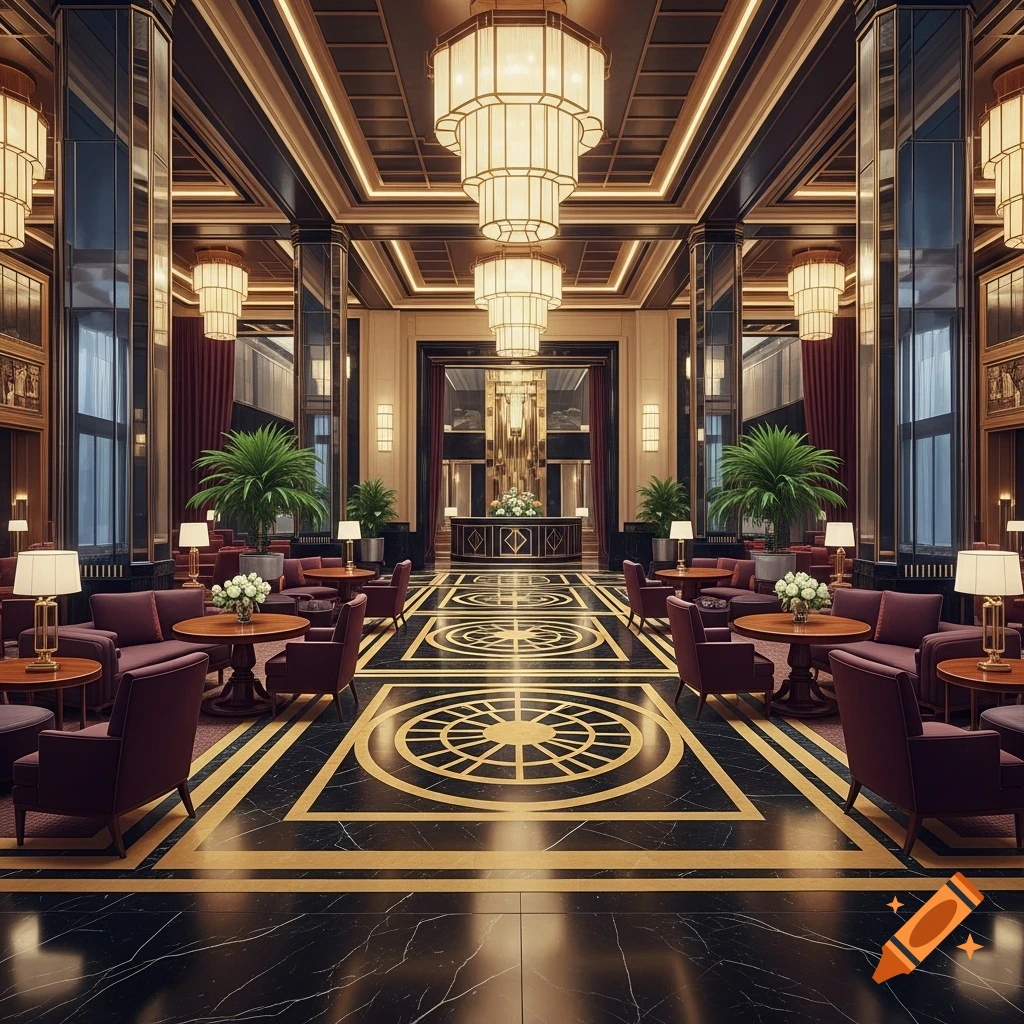 A luxurious Art Deco hotel lobby with dark marble floors, gold inlays, ornate chandeliers, and plush purple seating.
