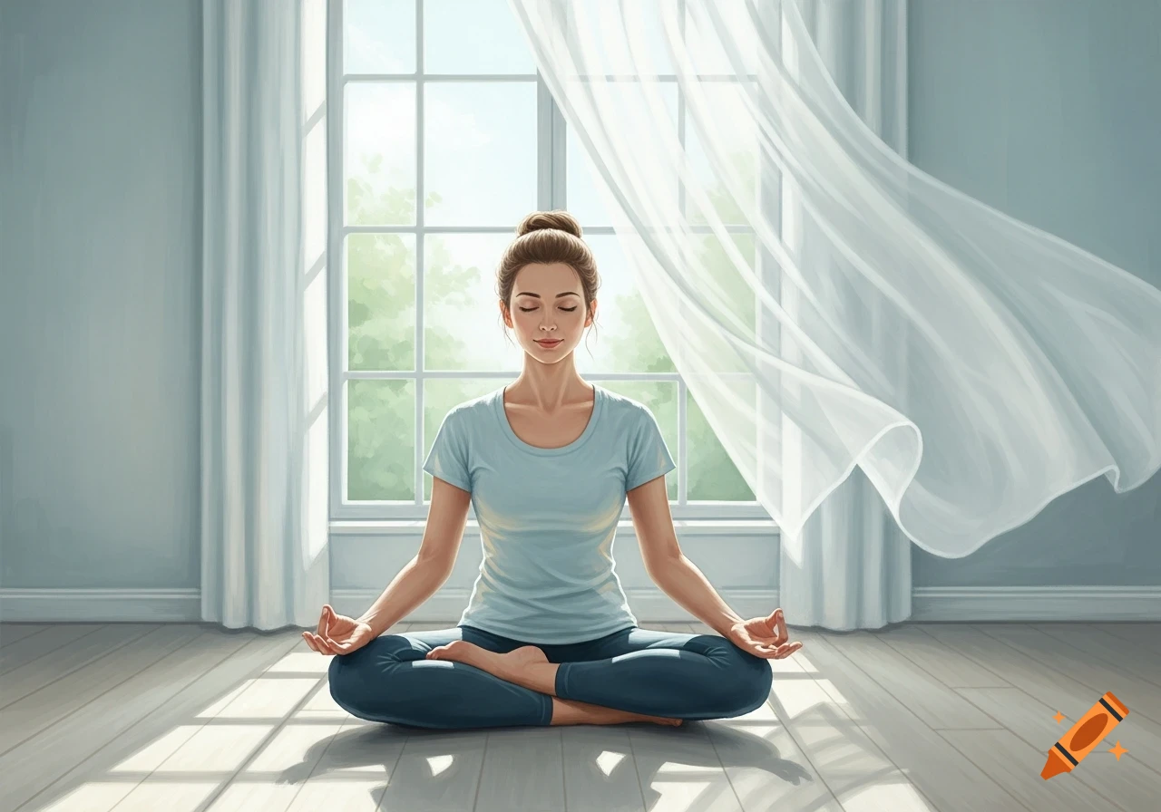 Oil illustration of a woman meditating in a yoga pose by a bright window with flowing sheer curtains and sunbeams on the floor.