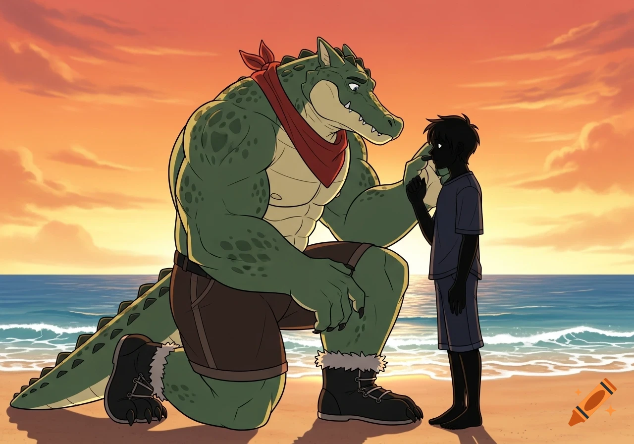A bulky, muscular anthropomorphic alligator kneels on a beach at sunset, looking at a silhouetted teenage boy with caring intent. Cartoon style.