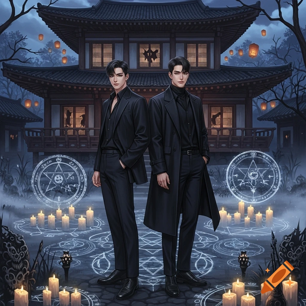 Two handsome men in black suits stand before a haunted traditional Korean house at night. Glowing mystical symbols and candles surround them in a foggy, spooky scene. Anime style.
