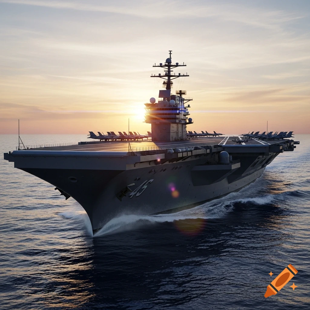 A photorealistic depiction of a large military aircraft carrier sailing on the ocean at sunset.
