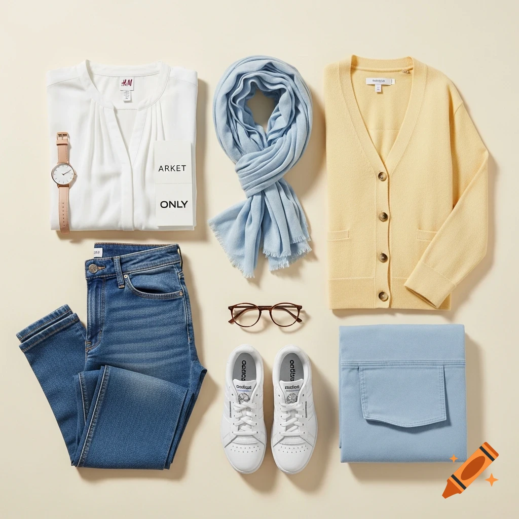 A flat lay of women's clothing and accessories, including a white shirt, blue jeans, a light blue scarf, a yellow cardigan, white sneakers, glasses, and a watch on a beige background.