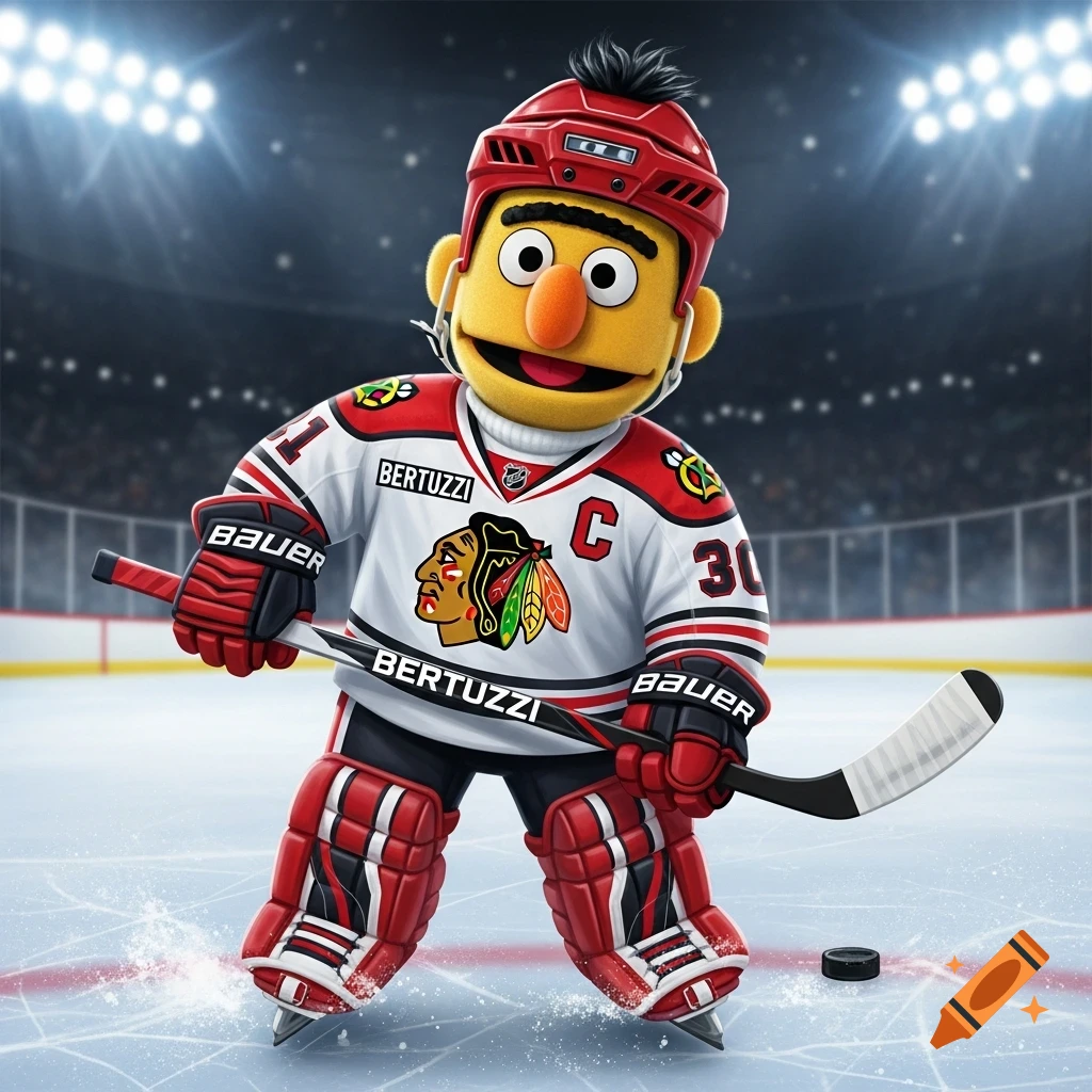 Bert from Sesame Street, dressed in a red and white Chicago Blackhawks hockey uniform with a helmet and holding a stick, stands on an ice rink.