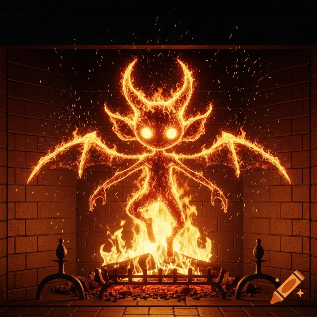 A glowing, imp-like fire creature with large wings and bright eyes floats in a brick fireplace above a crackling fire.