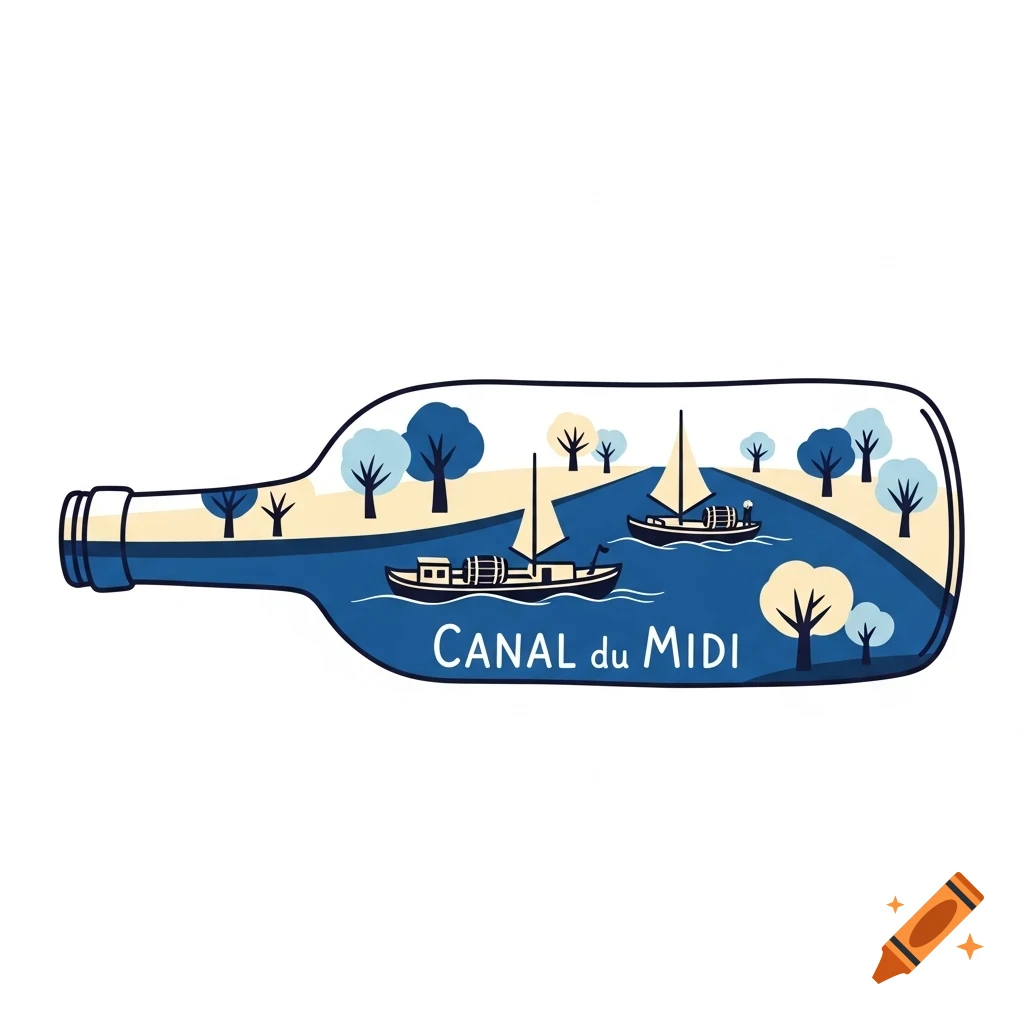 Minimalist vector art of a wine bottle holding a stylized Canal du Midi scene with boats, trees, and 'CANAL du MIDI' text.