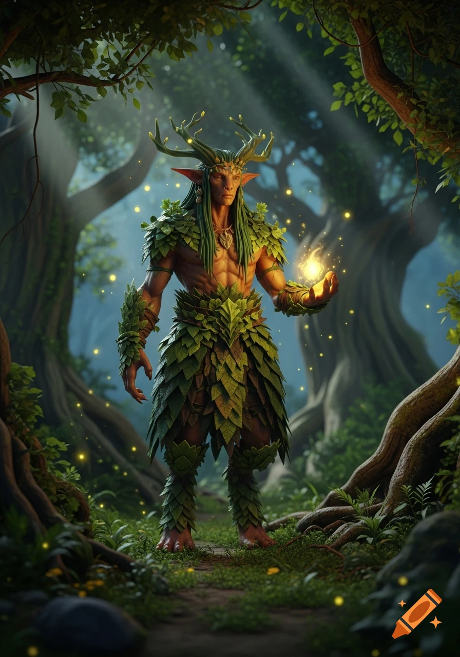 A 3D art rendering of a firbolg druid with leafy armor and antlers, holding a glowing orb in a mystical forest.