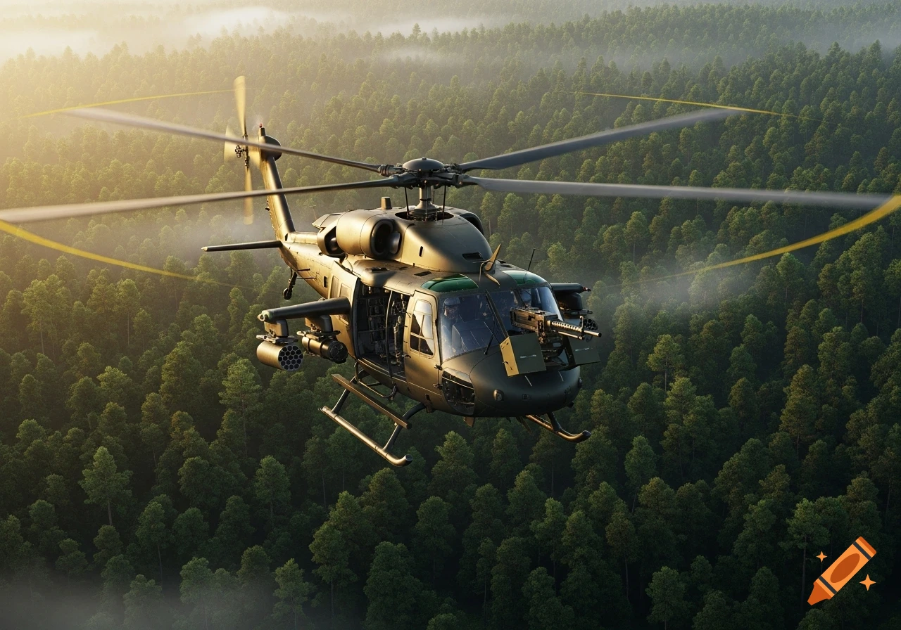 A photorealistic military helicopter with open doors and a mounted minigun flies low over a dense, sunlit forest.