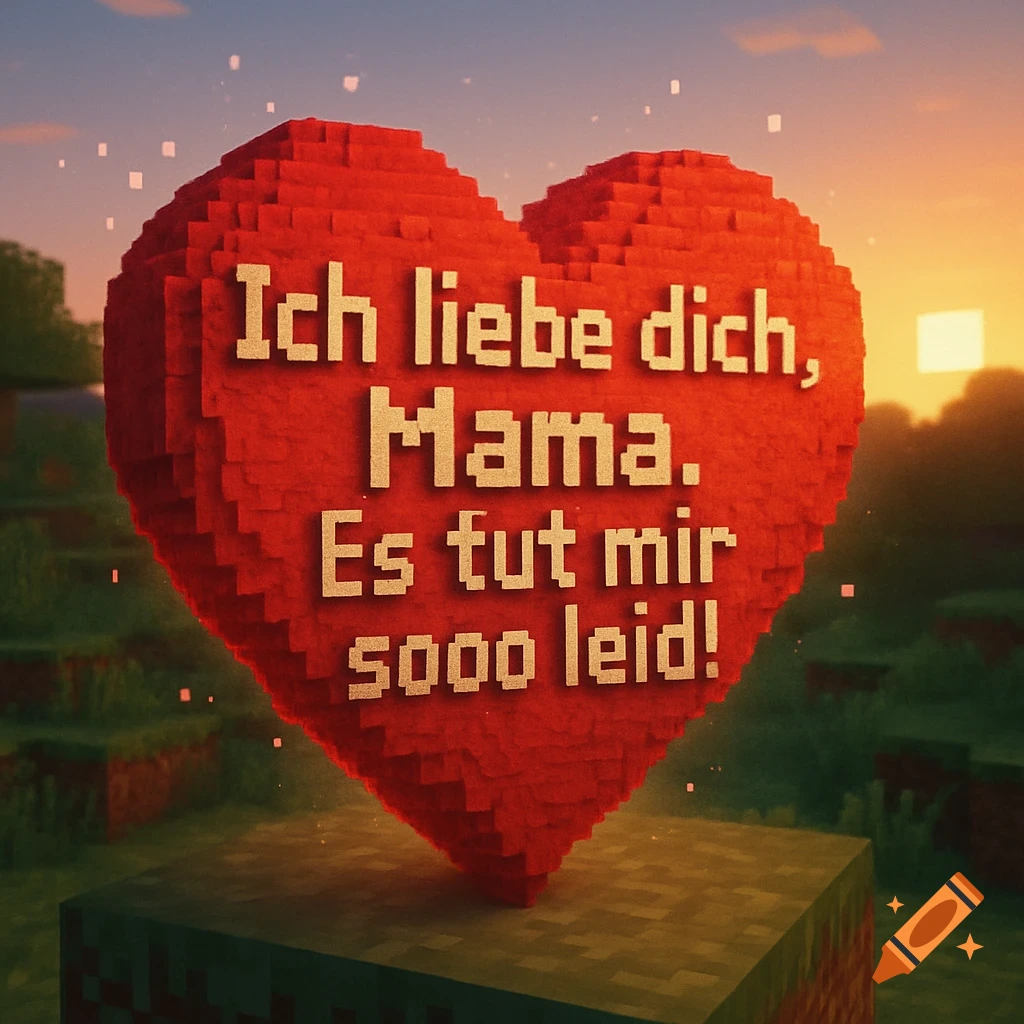 A large pixelated red heart with the German message 'Ich liebe dich, Mama. Es tut mir sooo leid!' in a Minecraft-style landscape at sunset.