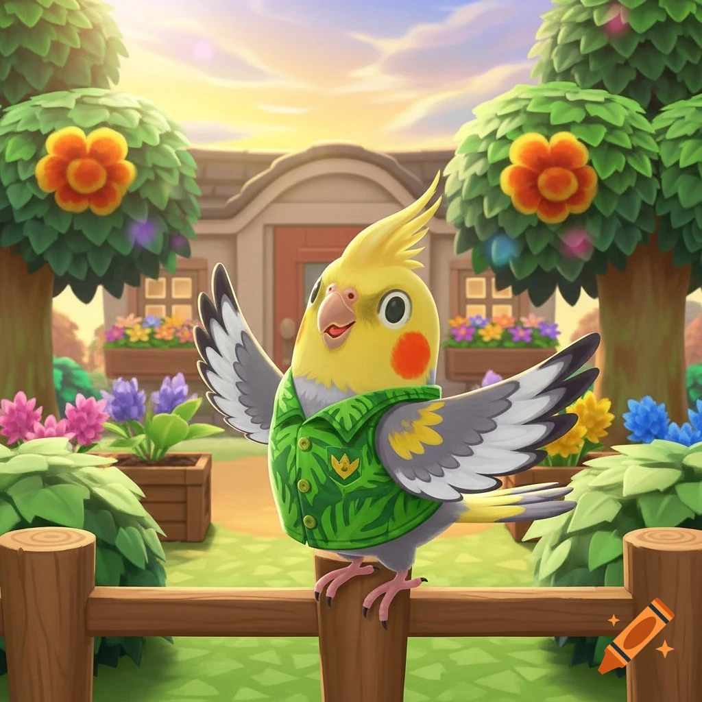 A cheerful, cartoon cockatiel wearing a green leafy vest stands on a fence post in an Animal Crossing-style village at sunset.
