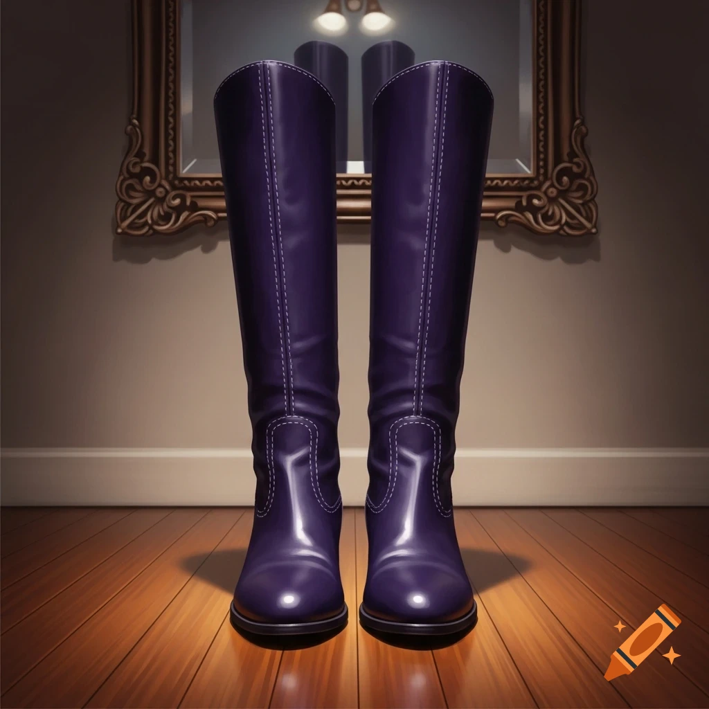 A pair of shiny purple knee-high boots stands on a polished wooden floor.