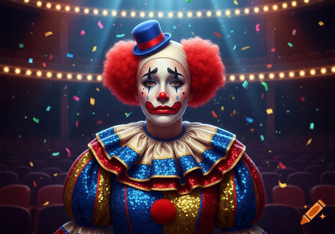 A stylized portrait of a female clown with red curly hair, full makeup with painted tears, a small blue top hat, and a colorful sequined costume, standing on a stage with falling confetti.