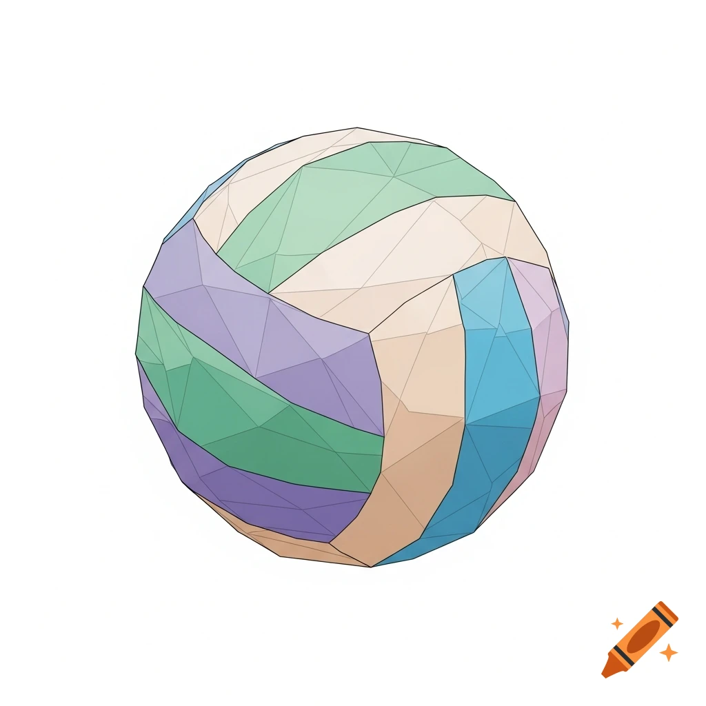 A low-poly volleyball with geometric facets in pastel colors, outlined with dark lines, against a white background.