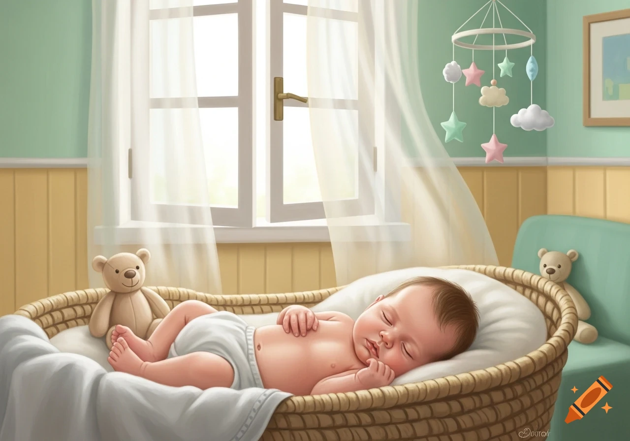 Illustration of a sleeping baby in a woven bassinet, surrounded by teddy bears and a mobile, next to a window.