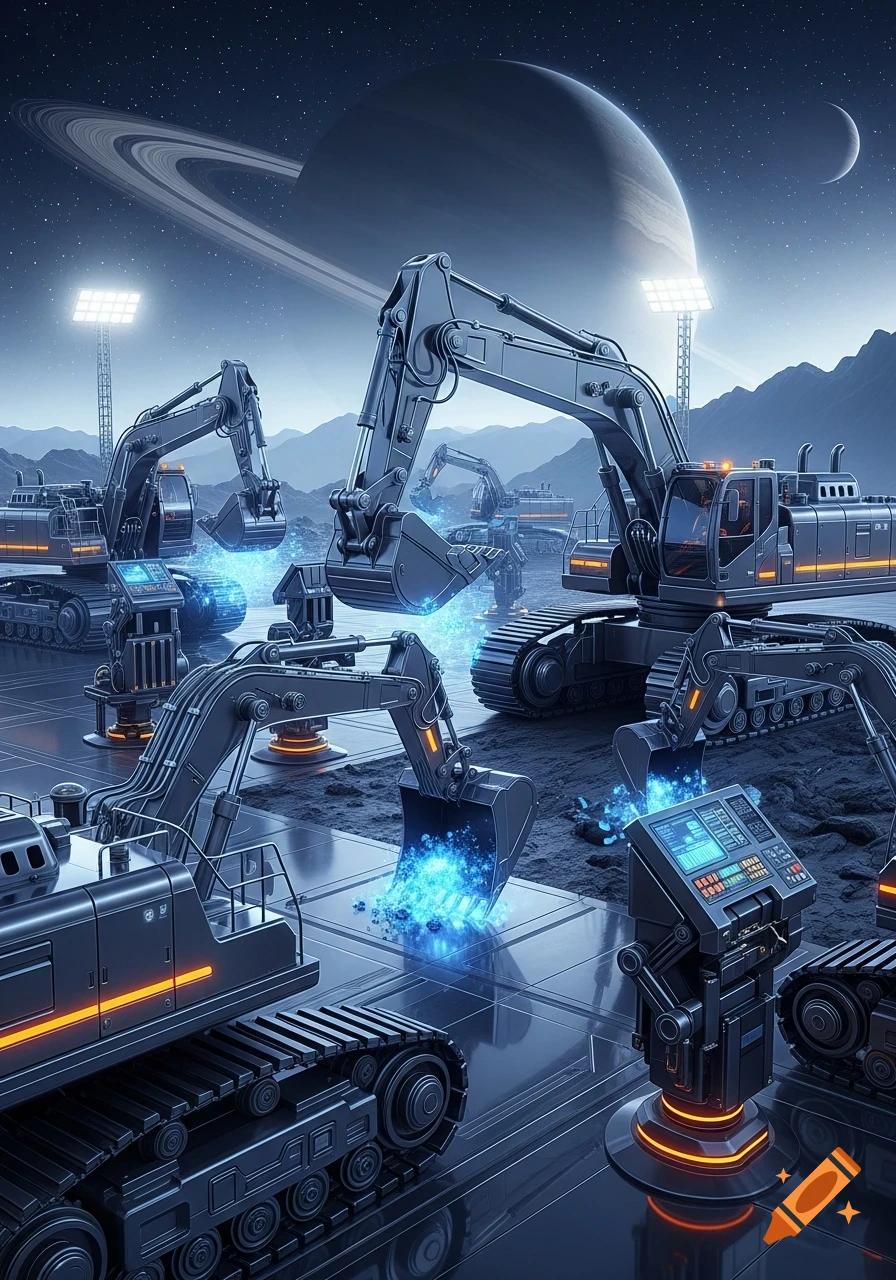 Futuristic excavators with glowing blue energy digging on a moonscape under a ringed planet and stars.