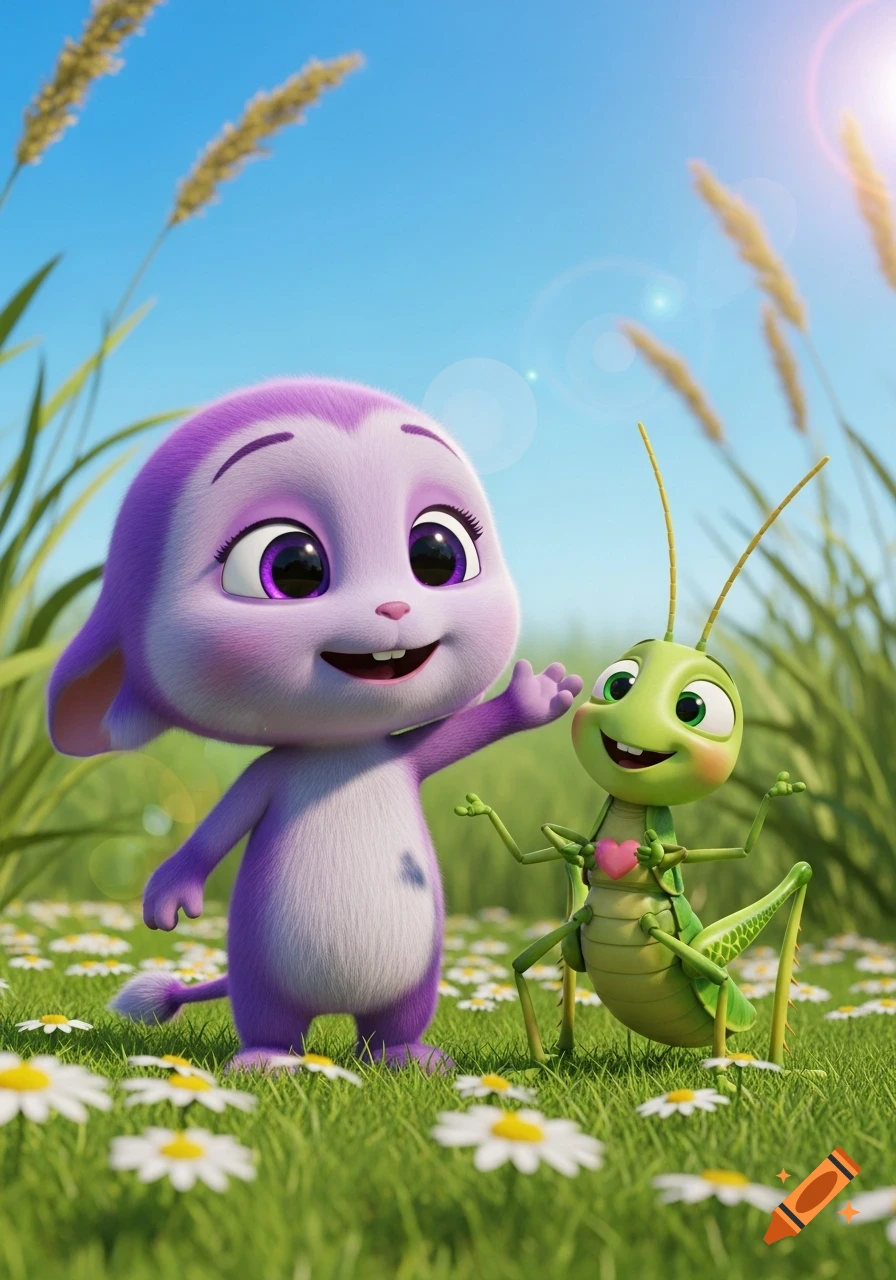 A smiling purple fluffy creature waves next to a happy green grasshopper in a sunny field of white daisies, rendered in a 3D animation style.
