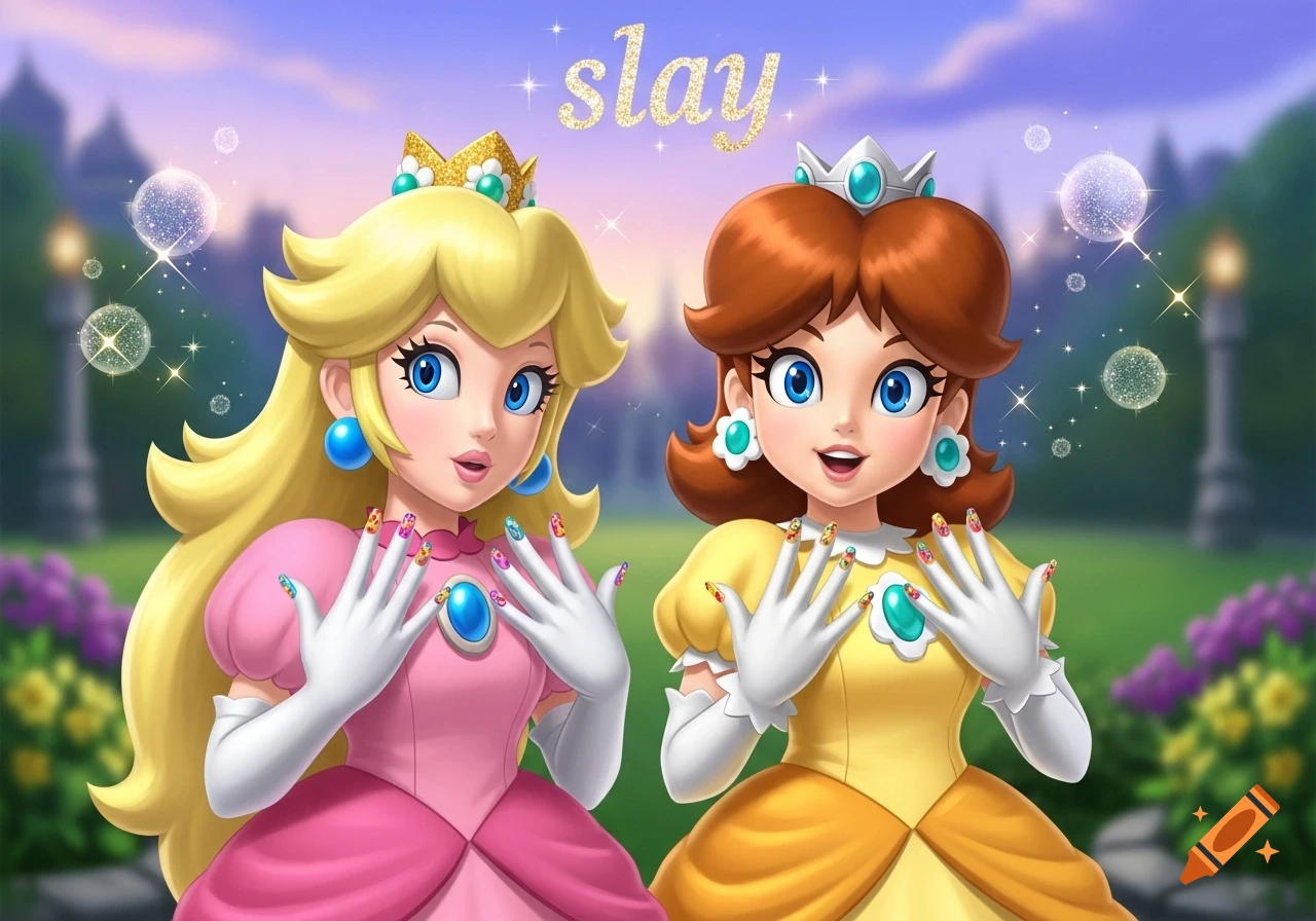 Princess Peach and Princess Daisy showing off their decorated fingernails in a garden with a castle background, with the word "slay" above them.