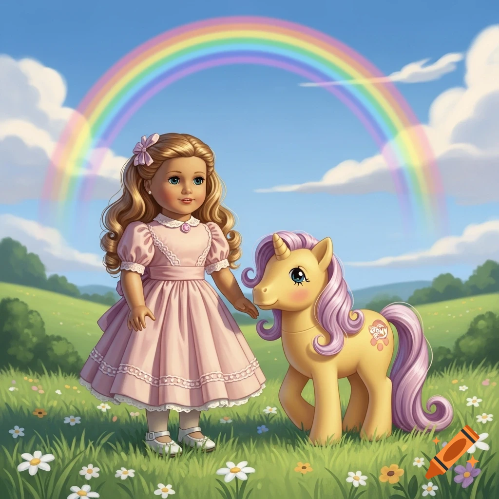 An American Girl doll in a pink dress stands next to a yellow G1 My Little Pony unicorn with a lavender mane and tail, in a grassy field with wildflowers under a blue sky with a rainbow.