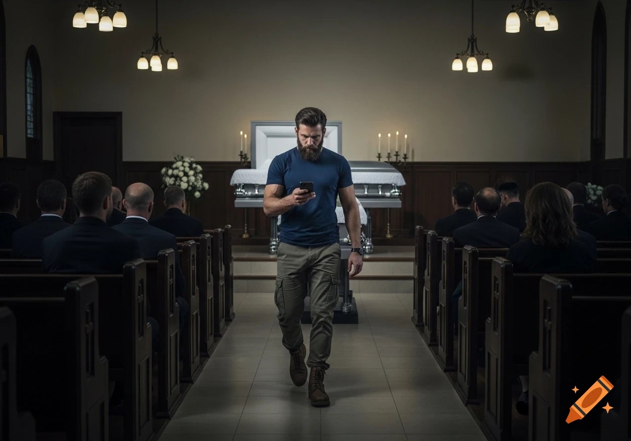 Bearded man in a t-shirt and cargo pants walks through a funeral hall, looking at his phone with an open casket at the front.