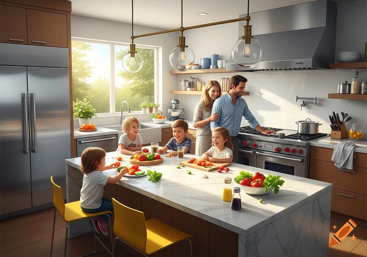 A happy family with parents and four children preparing vegetables together in a bright, modern kitchen.