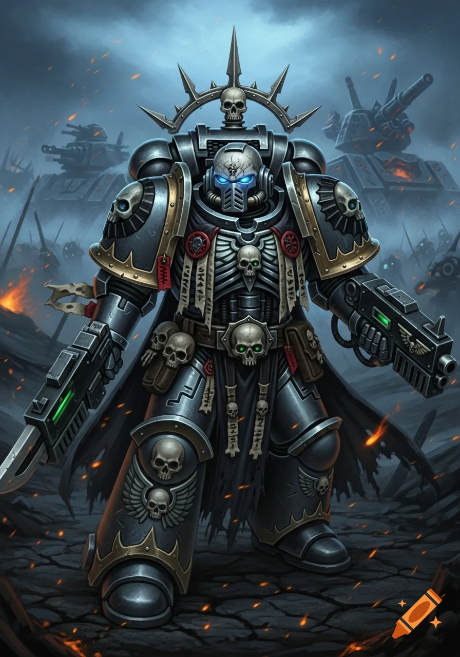 A heavily armored Warhammer 40k Chaos Space Marine in gunmetal grey and gold trim, adorned with skulls and bones, stands on a battlefield with tanks in the background.