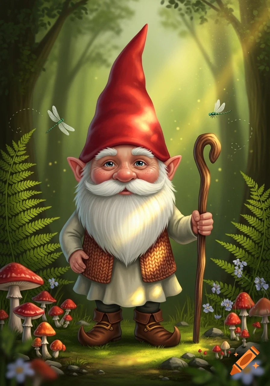 A whimsical gnome with a red hat and white beard holds a staff in an enchanted forest filled with mushrooms and dragonflies, rendered in a fantasy art style.