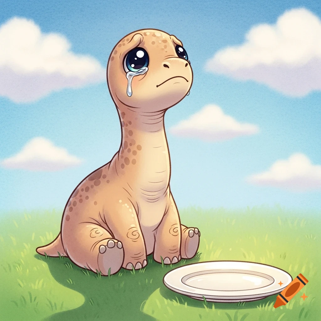 A cartoon baby sauropod sits in green grass under a blue sky, crying with big eyes next to an empty white plate.