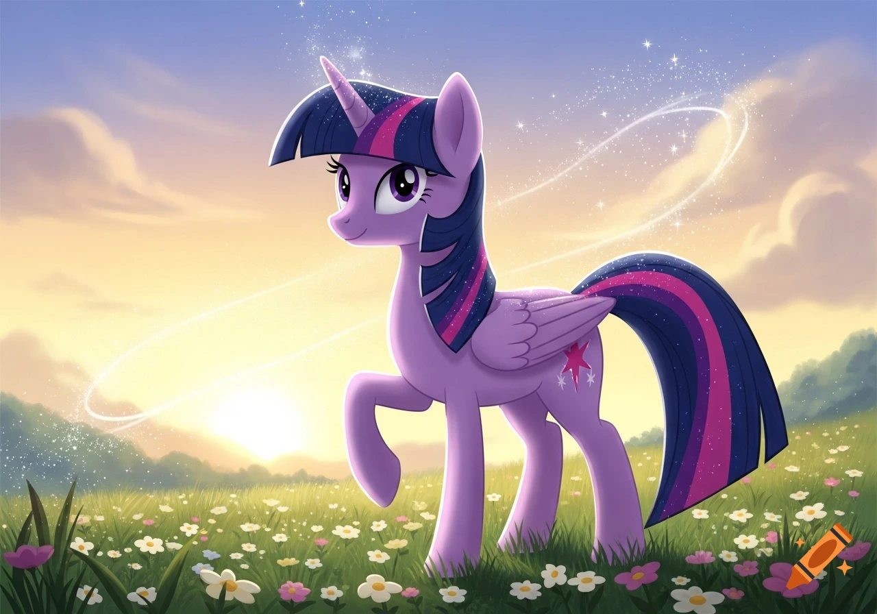 A purple unicorn pony with a horn and wings stands in a flowery field at sunset with sparkling trails in the sky.