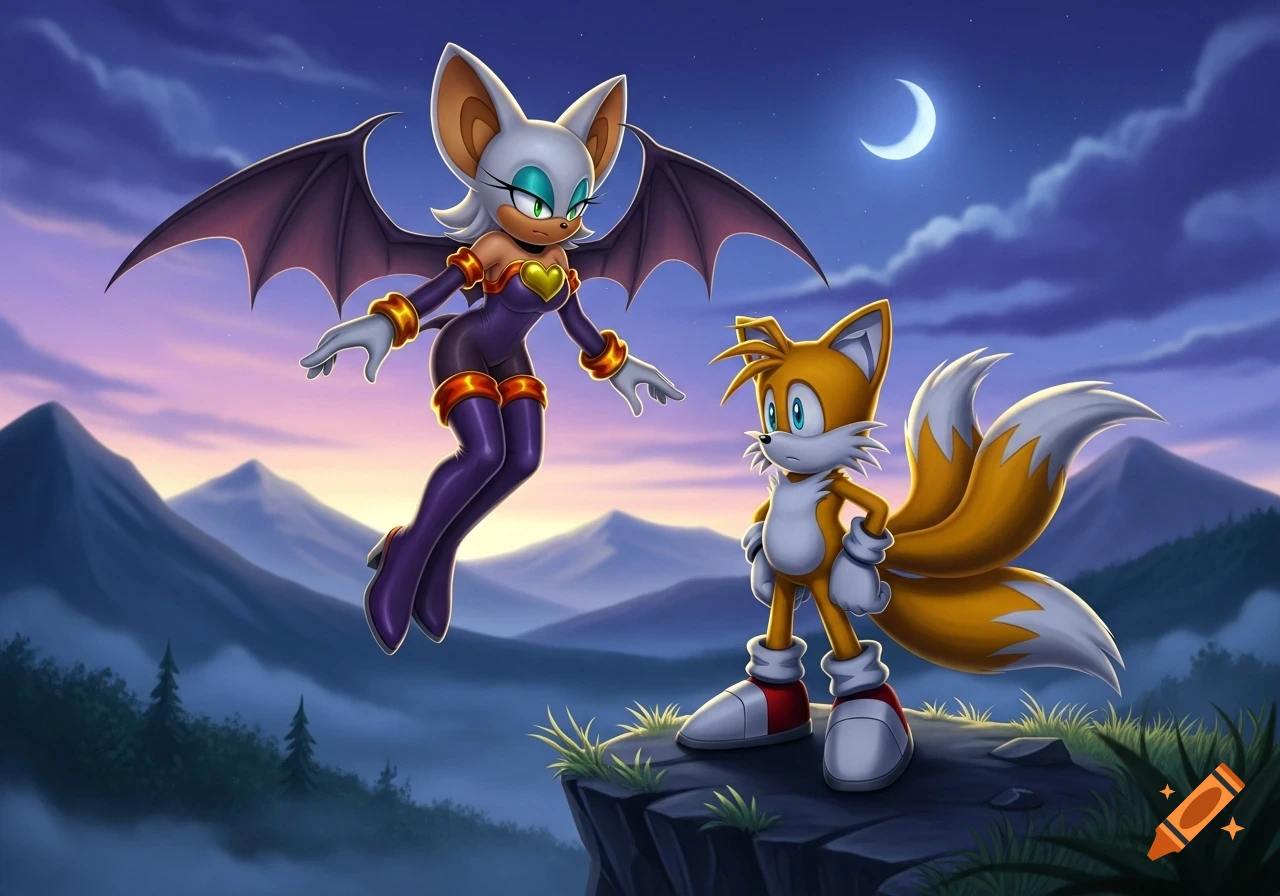 Rouge the Bat floats near Tails the Fox on a cliff under a crescent moon in a vibrant cartoon style.