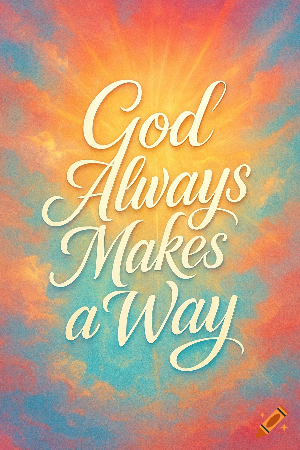 Cream script 'God Always Makes a Way' on a vibrant orange, yellow, and blue cloudy sky with a sunburst.