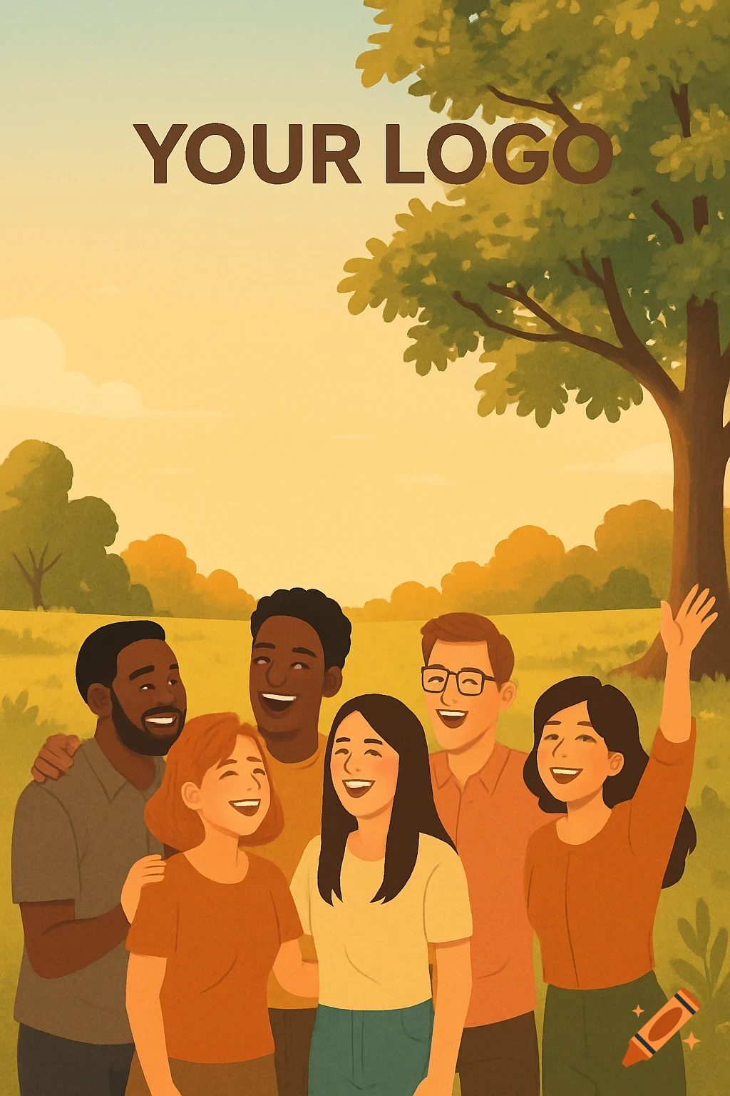 A diverse group of six smiling people stands together in a field under a tree, with space for a logo. Illustrated style.